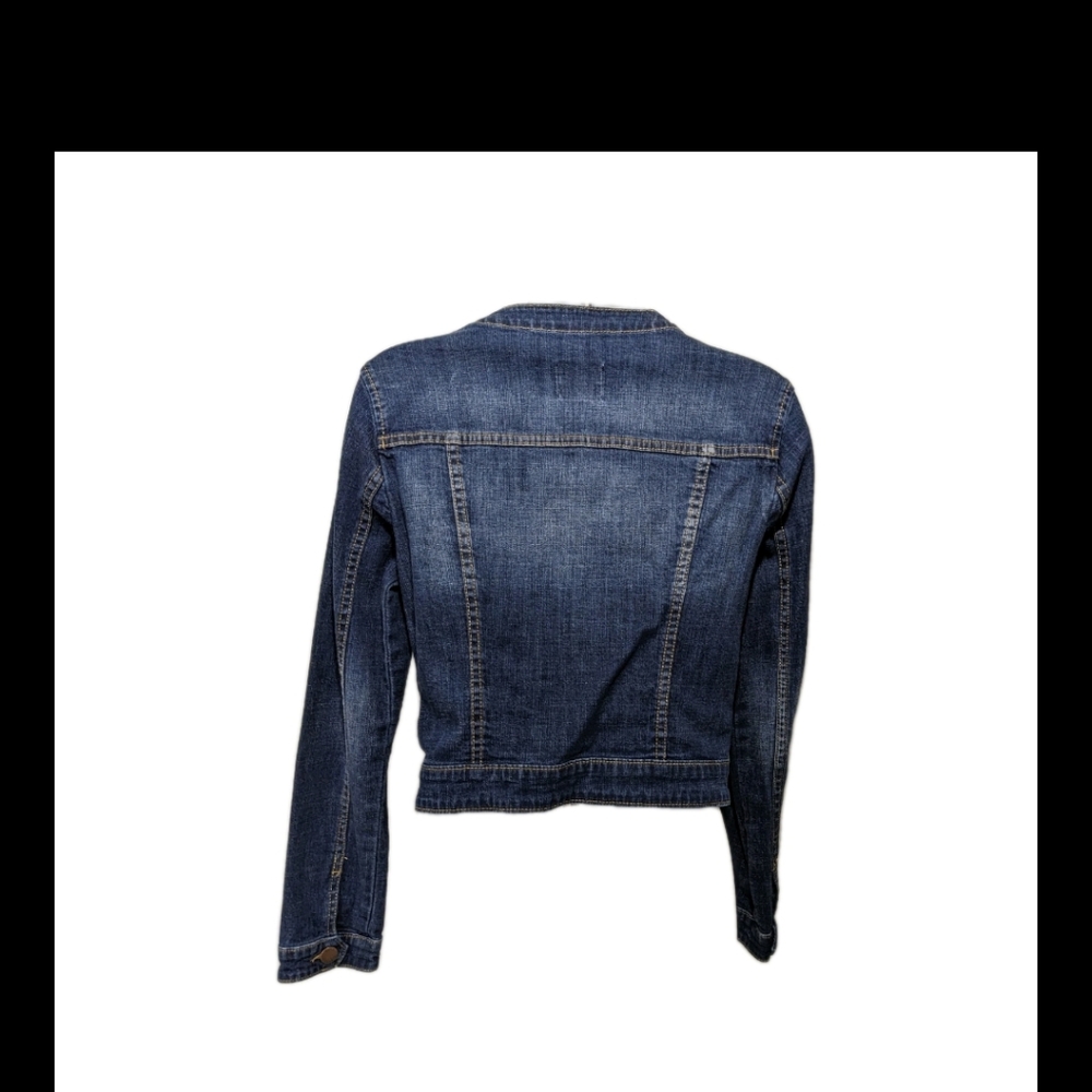 Elle Round Neck Denim Blue Jean Jacket S 90s Distressed #2300 - Picture 2 of 7
